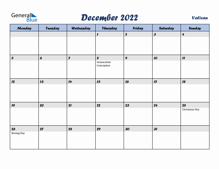 December 2022 Calendar with Holidays in Vatican