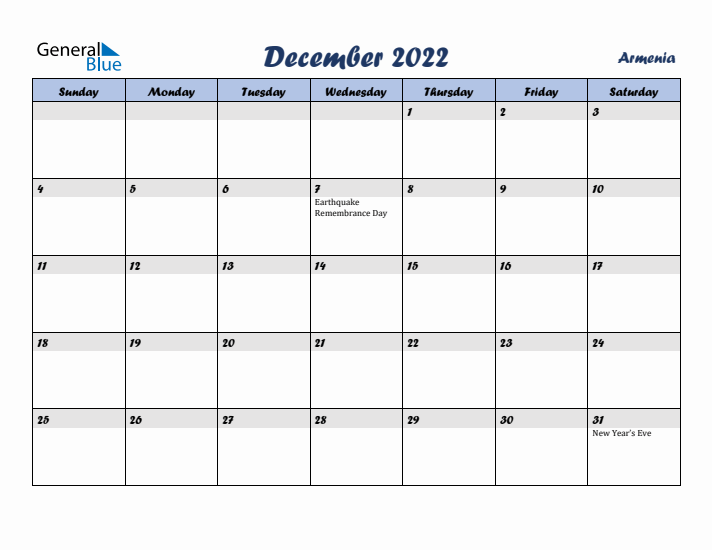 December 2022 Calendar with Holidays in Armenia