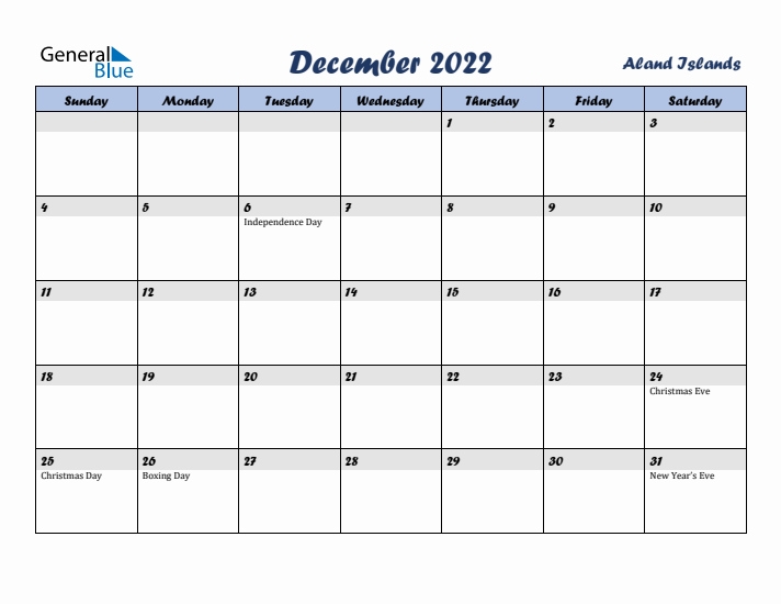 December 2022 Calendar with Holidays in Aland Islands