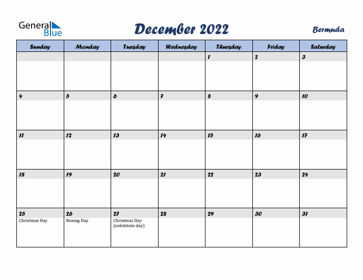 December 2022 Calendar with Holidays in Bermuda