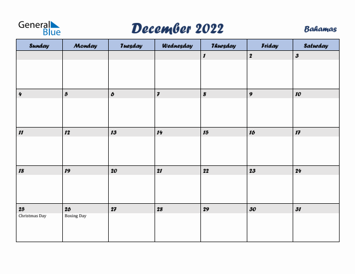 December 2022 Calendar with Holidays in Bahamas