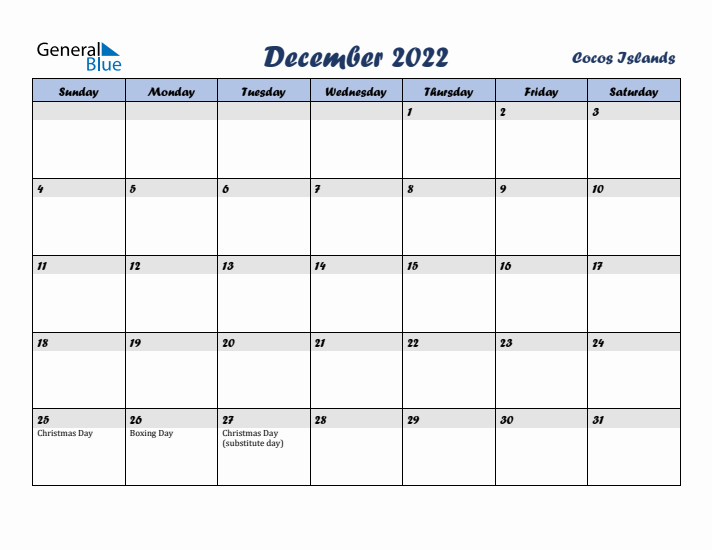 December 2022 Calendar with Holidays in Cocos Islands