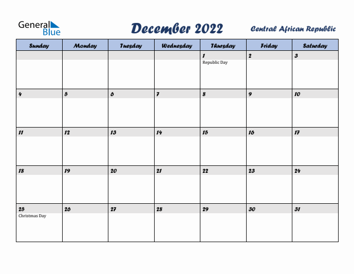 December 2022 Calendar with Holidays in Central African Republic