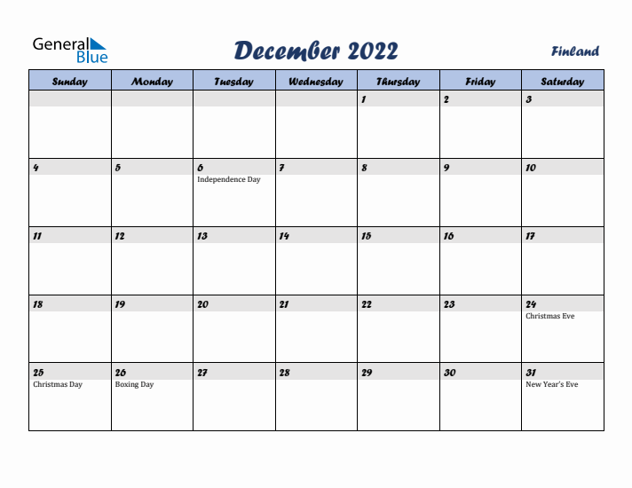 December 2022 Calendar with Holidays in Finland