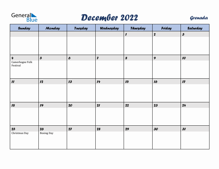 December 2022 Calendar with Holidays in Grenada