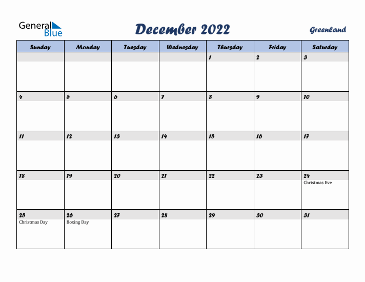 December 2022 Calendar with Holidays in Greenland