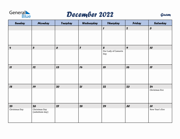 December 2022 Calendar with Holidays in Guam