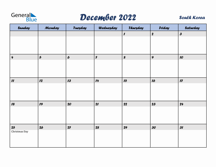 December 2022 Calendar with Holidays in South Korea