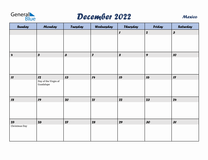 December 2022 Calendar with Holidays in Mexico