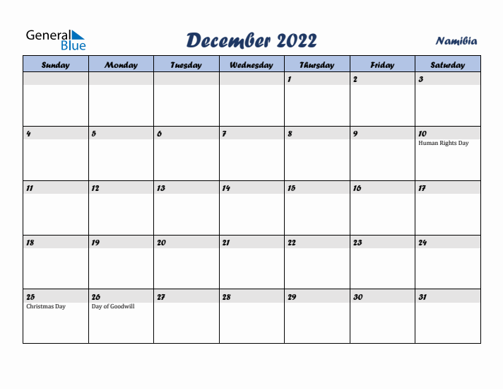 December 2022 Calendar with Holidays in Namibia