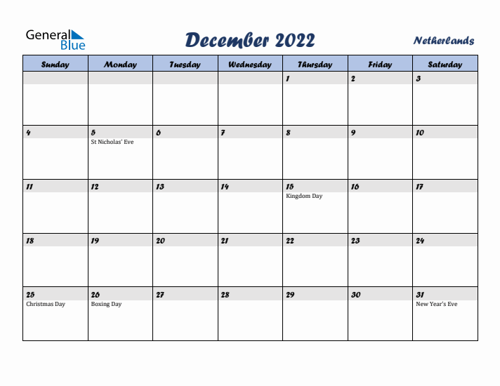 December 2022 Calendar with Holidays in The Netherlands