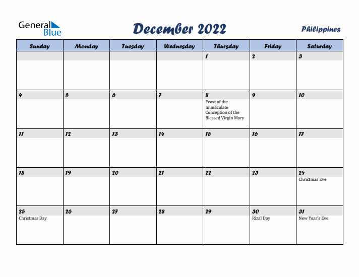 December 2022 Calendar with Holidays in Philippines