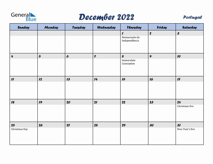 December 2022 Calendar with Holidays in Portugal