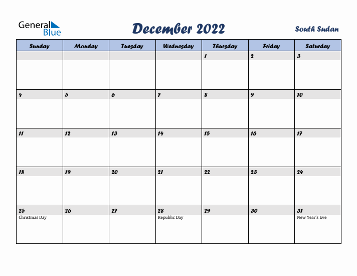 December 2022 Calendar with Holidays in South Sudan