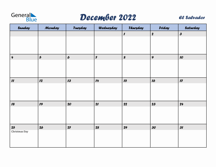 December 2022 Calendar with Holidays in El Salvador