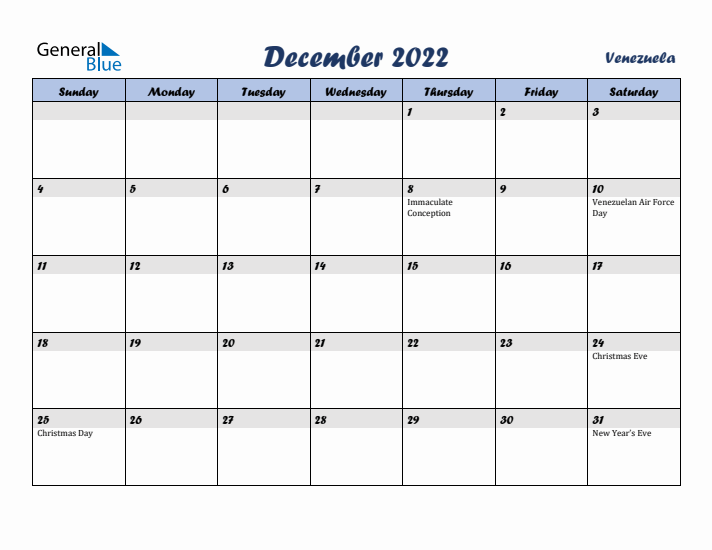 December 2022 Calendar with Holidays in Venezuela