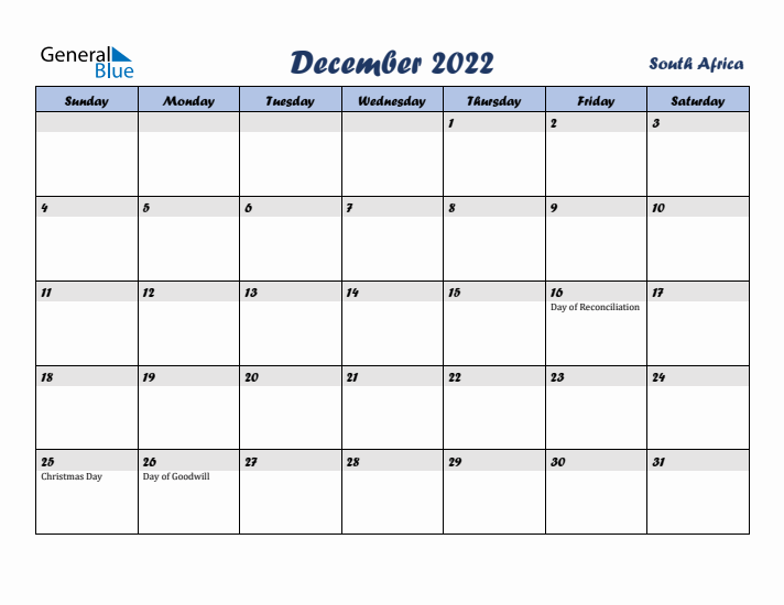 December 2022 Calendar with Holidays in South Africa