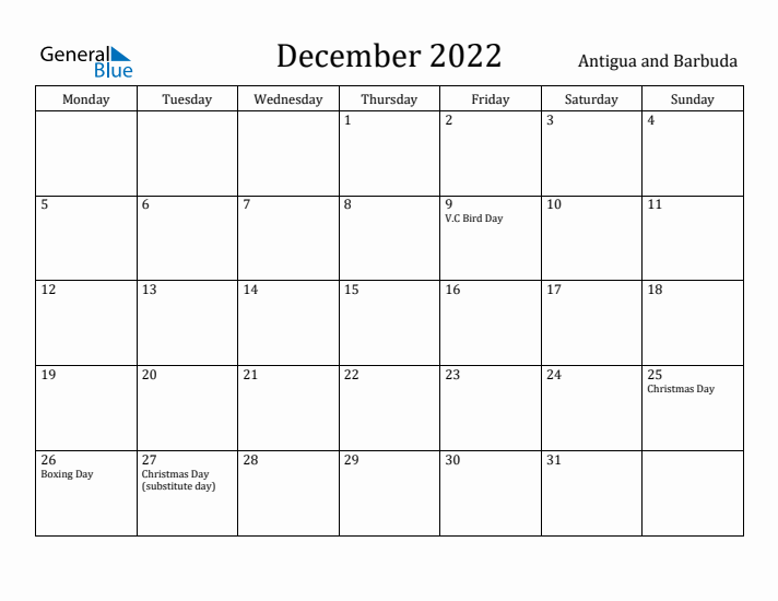 December 2022 Calendar Antigua and Barbuda