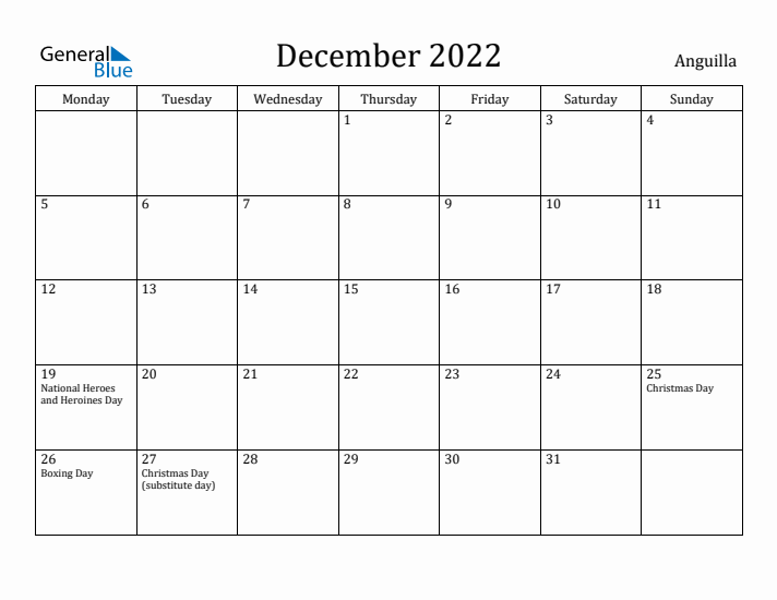 December 2022 Calendar Anguilla