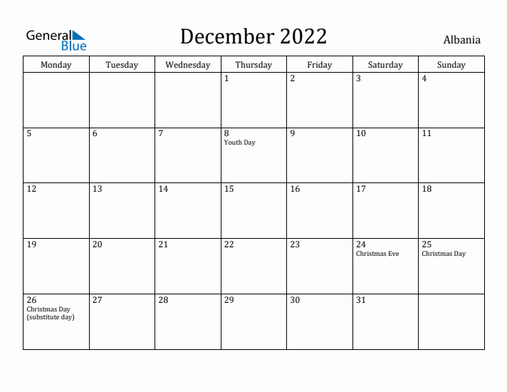 December 2022 Calendar Albania