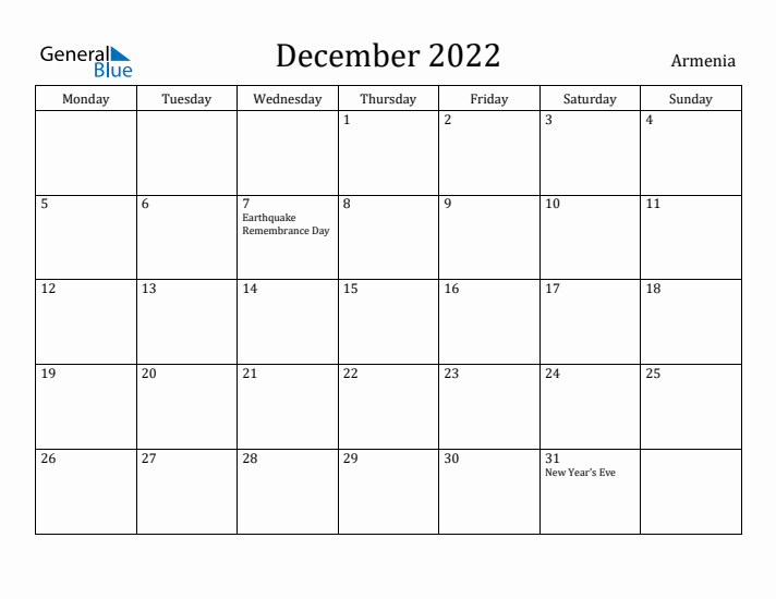 December 2022 Calendar Armenia