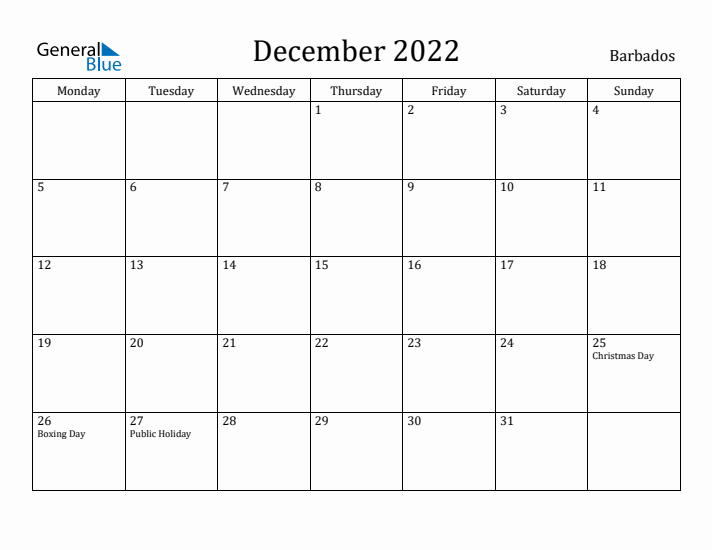 December 2022 Calendar Barbados