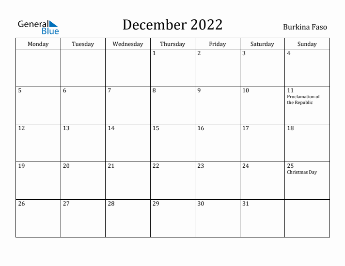 December 2022 Calendar Burkina Faso