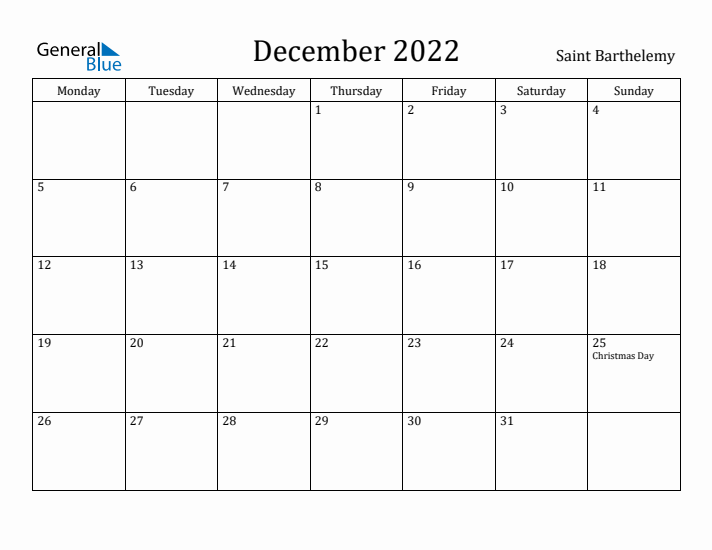 December 2022 Calendar Saint Barthelemy