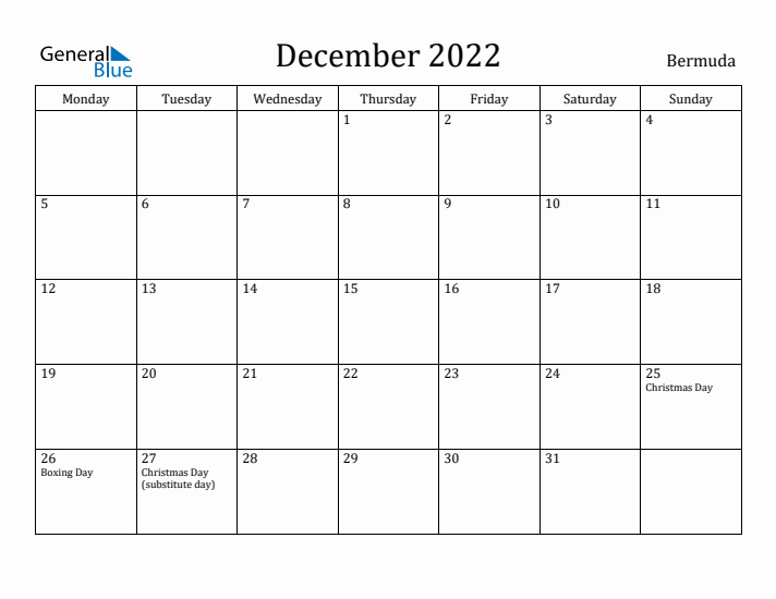 December 2022 Calendar Bermuda