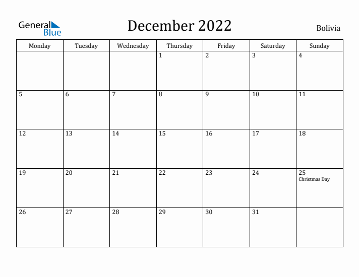 December 2022 Calendar Bolivia