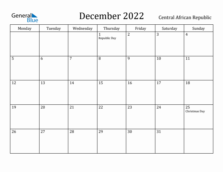 December 2022 Calendar Central African Republic