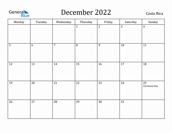 December 2022 Calendar Costa Rica