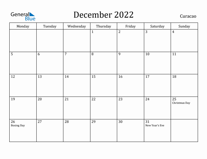 December 2022 Calendar Curacao