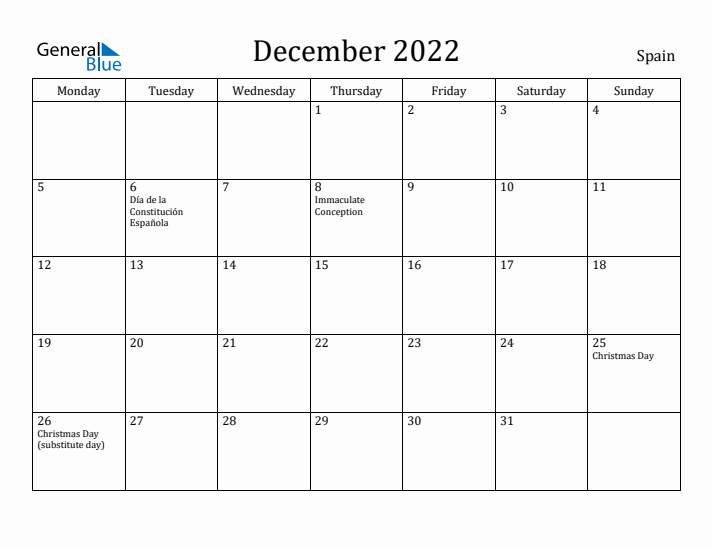 December 2022 Calendar Spain