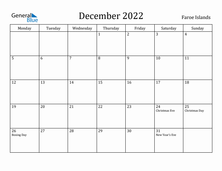 December 2022 Calendar Faroe Islands