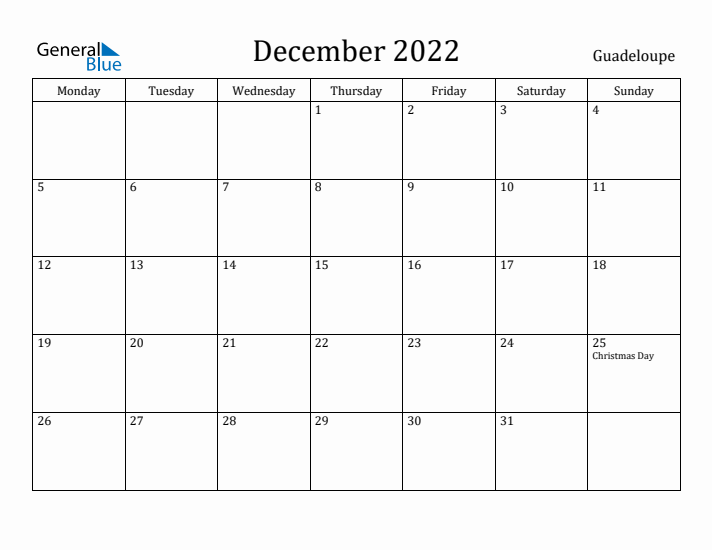 December 2022 Calendar Guadeloupe