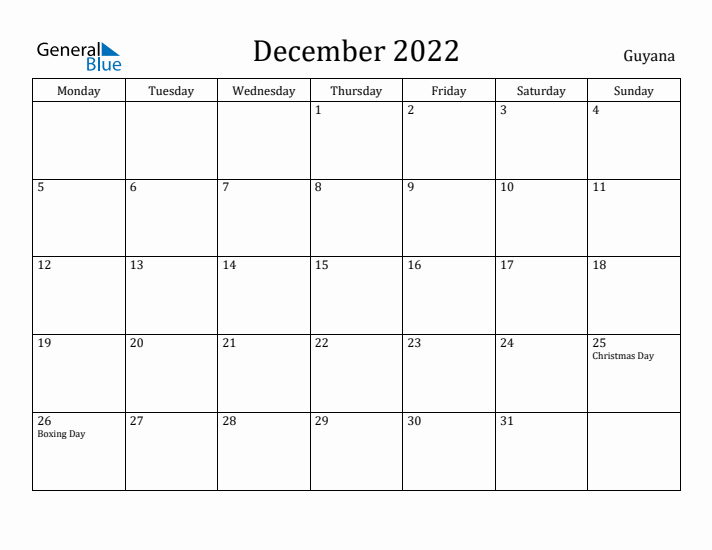 December 2022 Calendar Guyana