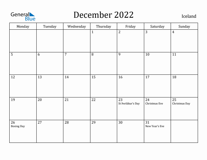 December 2022 Calendar Iceland