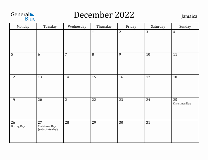 December 2022 Calendar Jamaica