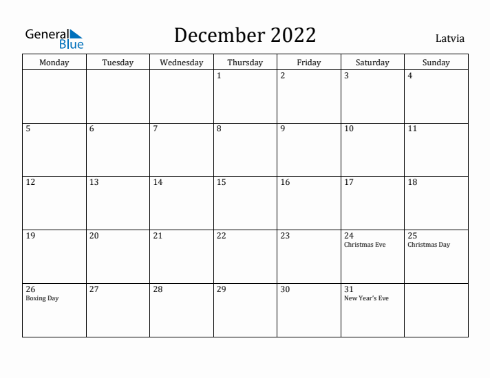 December 2022 Calendar Latvia