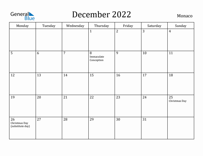 December 2022 Calendar Monaco