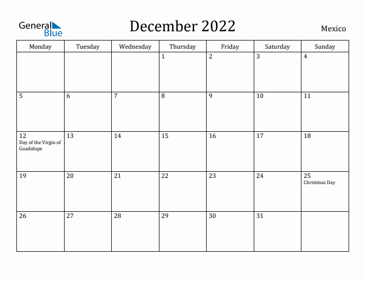 December 2022 Calendar Mexico