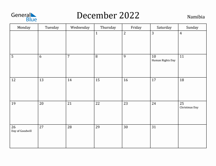 December 2022 Calendar Namibia