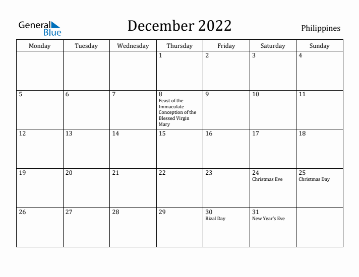 December 2022 Calendar Philippines