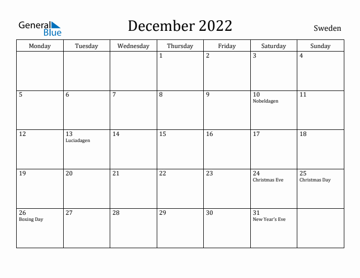 December 2022 Calendar Sweden