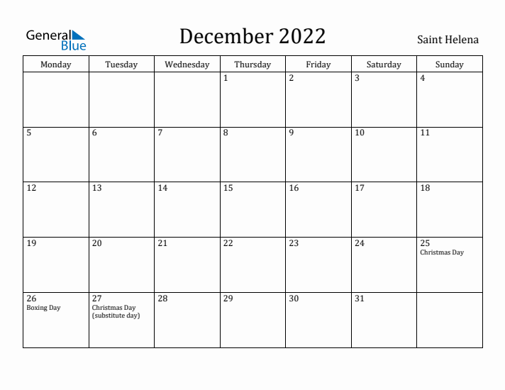 December 2022 Calendar Saint Helena