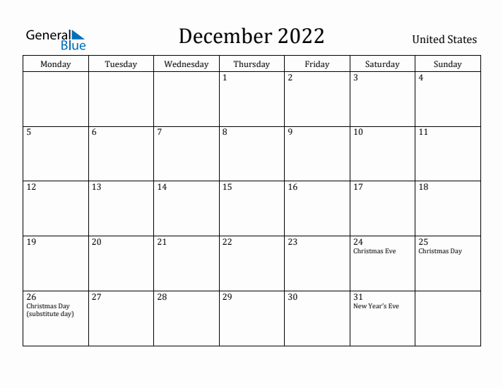 December 2022 Calendar United States