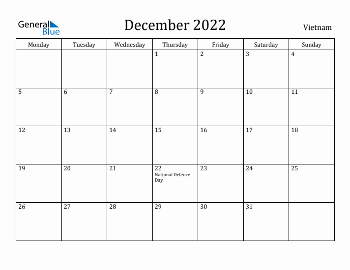 December 2022 Calendar Vietnam