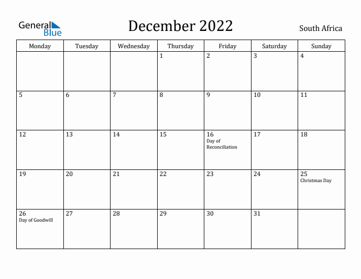 December 2022 Calendar South Africa