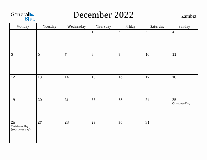 December 2022 Calendar Zambia